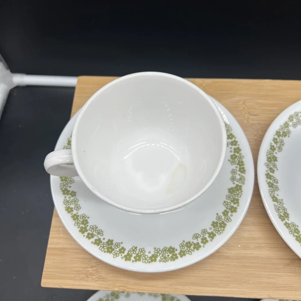 Vintage Corelle Green Spring Blossom Crazy Daisy Coffee Tea Cup Saucer Set of 4
